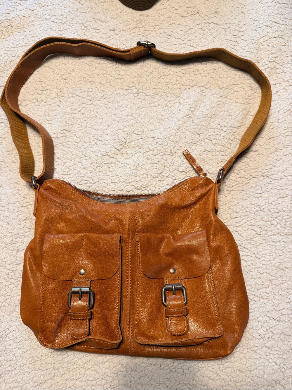 Women's Tan Leather Shoulder Bag with Front Buckle Pockets
